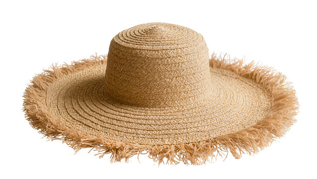 Wide-brimmed straw hat with frayed edges, isolated on transparent background