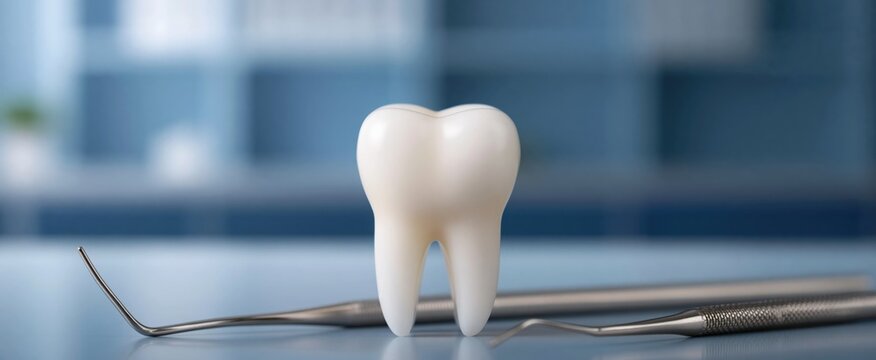 A spotless molar rests on dental instruments in a modern dental clinic setting.