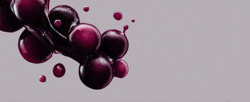 A playful splash of shiny dark purple grape juice dances on a light gray canvas.