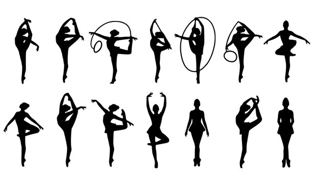 Female gymnast silhouette set with ballet and rhythmic exercise poses vector collection