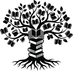 Fototapeta premium Black and white illustration of a tree made of stack of open books Vector book illustration