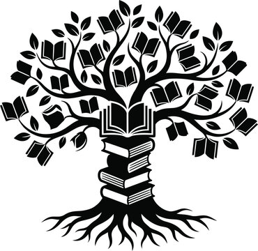 Black and white illustration of a tree made of stack of open books Vector book illustration