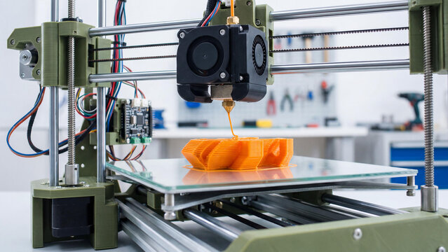 Modern 3D printer nozzle extruding orange plastic filament to create a prototype part on a glass bed. High-tech manufacturing equipment in an engineering laboratory or workshop