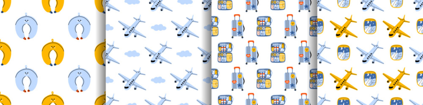 Vector set of travel seamless pattern. Cute neck pillow, airplane in cloud sky, suitcase, plane window view. Modern vacation, trip, journey background design. Holiday wallpaper, wrapping paper print.