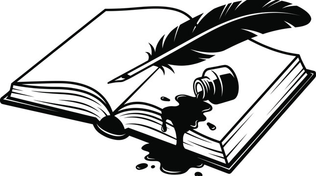 Open book with a feather quill pen and spilled ink bottle illustration Vector book illustration