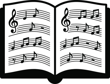 Open book with musical notes on pages as a creative music score icon Vector book illustration
