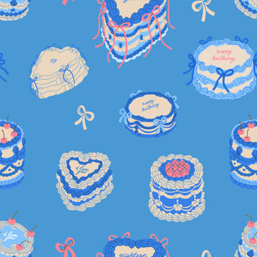 Holiday cakes seamless pattern design. Repeating print, endless background with birthday cream desserts, sweet pastry. Creamy confectionary, party food on printable texture. Flat vector illustration