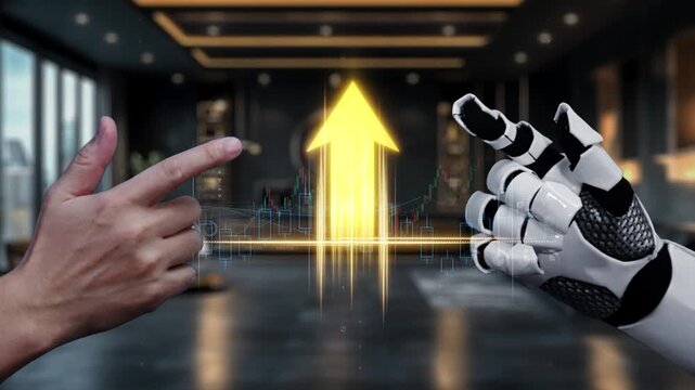A human hand collaborates with a robotic hand over financial stock market graphics. This video symbolizes the merging of technology and finance, showcasing growth and innovation. Auvana