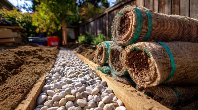 Gravel-lined trench for french drain with rolled sod and graded yard beds beside a fence, showing drainage installation and yard grading process.