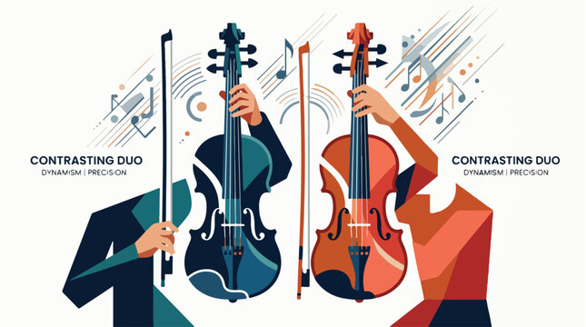Illustration of two musicians playing a cello and violin with musical notes on a white background in a graphic style.