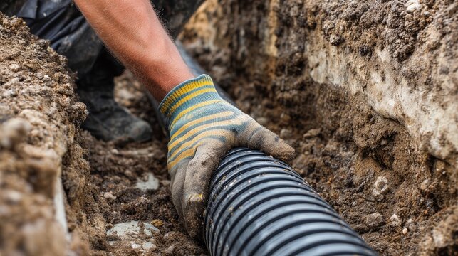 Worker laying corrugated drain pipe in trench for french drain installation and yard grading to manage surface water and improve slope.