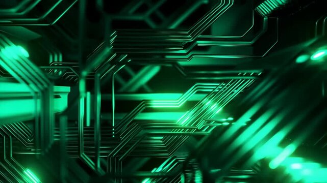 Abstract green glowing circuit board lines in a futuristic digital network