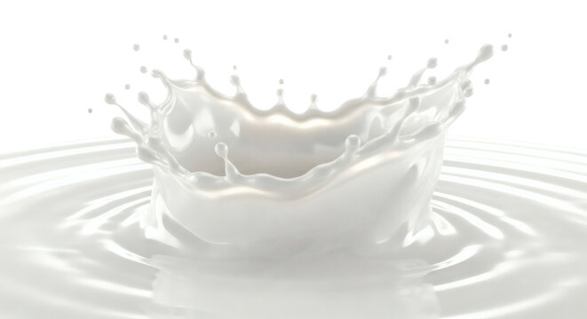 Thick milk splash explosion creates ripples on liquid surface with droplets flying through air