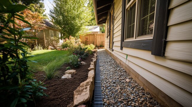 Trench with perforated pipe, gravel fill, landscape fabric and border stones alongside a house for french drain installation drainage solution.