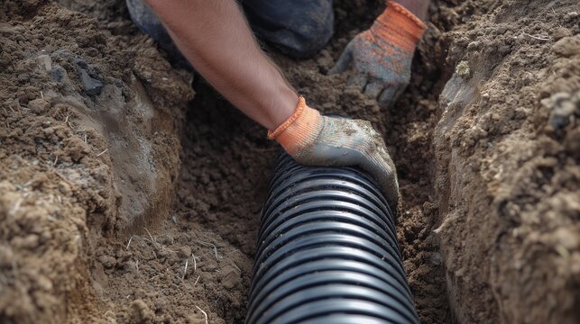 Worker placing corrugated drain pipe in trench for french drain installation and yard grading to direct water away from property.