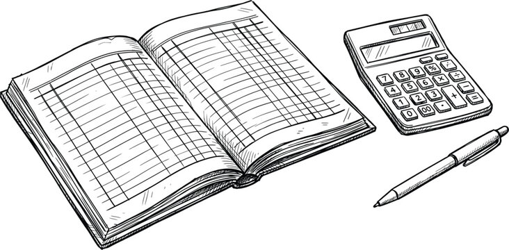 Open accounting ledger book with a calculator and a ballpoint pen sketch Vector book illustration
