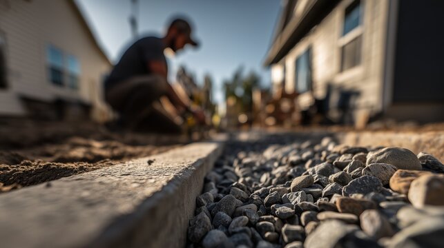 Shallow trench with gravel beside foundation showing french drain installation and yard grading near house.