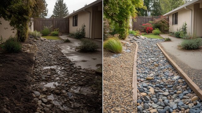 Before-and-after showing excavation, perforated pipe, gravel trench, landscape fabric, and clean stone used for french drain installation to redirect water away from foundation.