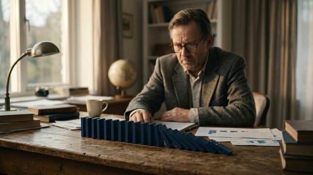 Mature man pushing dominoes on desk in library. Conceptual image of planning, strategy, risk assessment and cause effect. Business development and problem solving process in office.