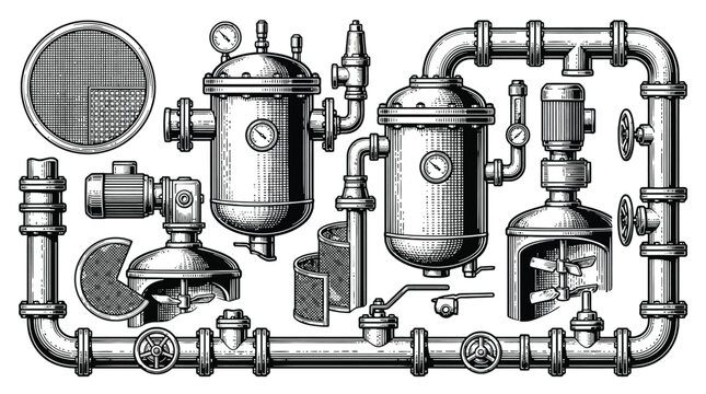 Industrial piping system and machinery illustration.