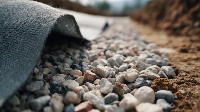 Rolled landscape fabric, gravel trench and graded soil for french drain installation and yard grading.