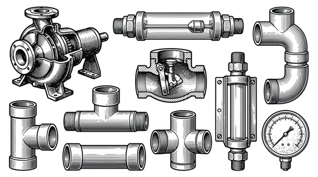 Metal pipe fittings and valves collection.