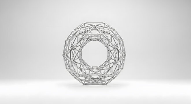 Abstract 3d geometric torus shape made of metallic interconnected struts isolated on white background