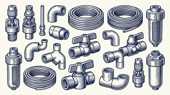 Plumbing fittings and metal pipe connectors assortment.