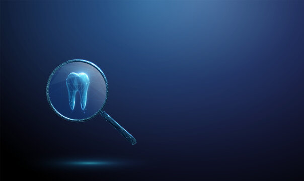 3d blue tooth under magnifying glass. Dental examination, diagnostics, cavity detection, enamel inspection, oral health assessment, professional checkup concept.
