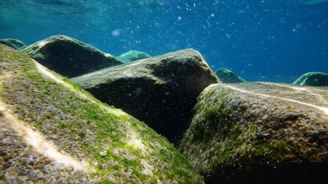 Underwater view of moss-covered rocks in clear blue water.