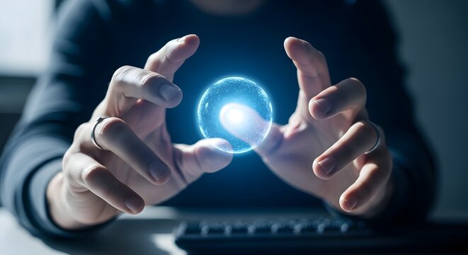 Close-up of hands holding a glowing blue orb of energy, representing future, innovation, and technology