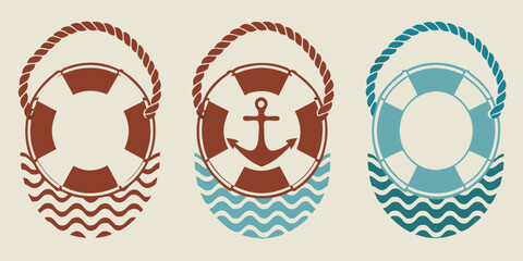 nautical lifebuoy icons with rope and waves © BelaRani