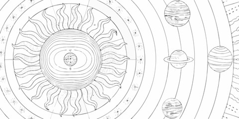 black and white illustration of solar system with sun and planets © BelaRani