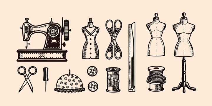 vintage sewing equipment and tools illustration high quality