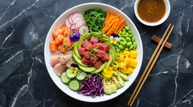 Poke bowl with fresh tuna, salmon, avocado and vegetables in white plate. Healthy japanese meal with raw fish and mango for dining. Traditional asian cuisine bowl on black marble.
