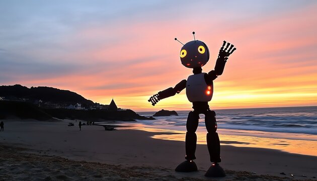 Cheerful droid playing joyfully on the beach at sunset, capturing vibrant ocean vibes and serenity.