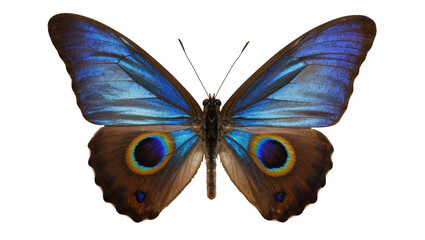 Blue morpho butterfly with iridescent wings, isolated on transparent background © Cian