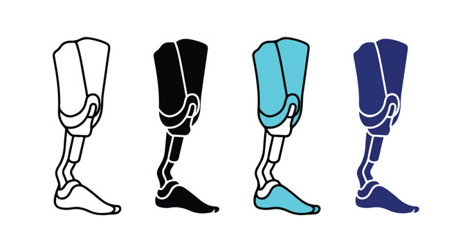 Collection of four prosthetic legs in different styles and colors, including line art, silhouette, and colored versions