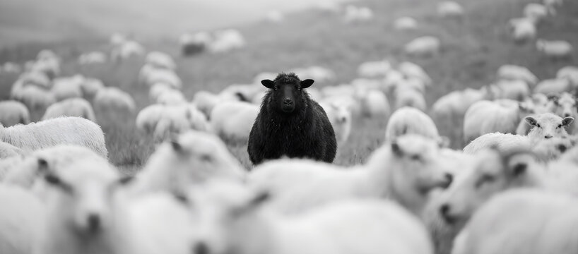 Black sheep standing out from a white flock in a meadow. Metaphor for individuality, uniqueness, and standing apart from the crowd. Concept of diversity and nonconformity in society.