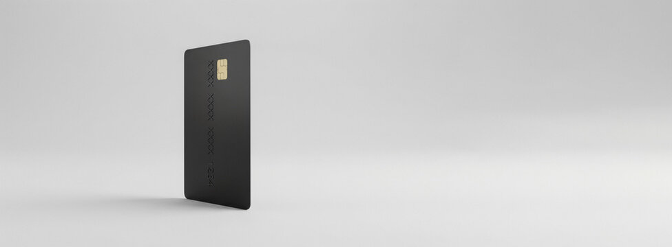 Black credit card standing on a white background. Financial payment tool for online shopping or banking transactions. Concept of premium bank service and secure digital money access.
