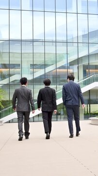 都会のビル背景で横並びで歩く3人でハンサムな営業チーム、法人営業や企業成長など若手から管理職のポジティブイメージ顔無し縦動画　未来や希望
