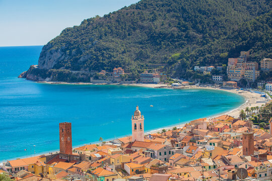  Aerial panoramic view of Noli, Liguria, province of Savona, Italy. Riviera dei Fiori. Fishermen's Beach. Maritime Republic