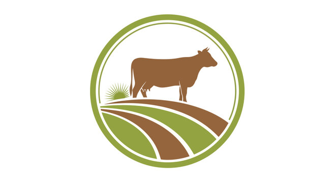 Cattle farming logo with cow on green field.