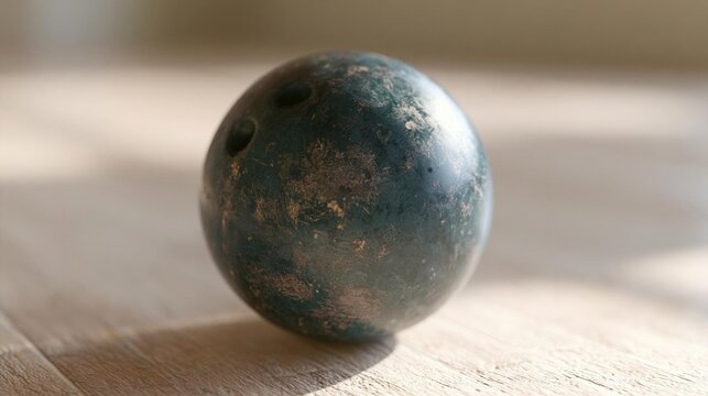 Close-up of a small, round object on a wooden surface. the object appears to be made of metal or a similar material, with a dark greenish-blue color and a rough texture.