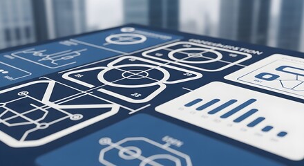 Obraz premium Futuristic digital interface with charts, graphs, and schematics on a blue background with city skyline bokeh