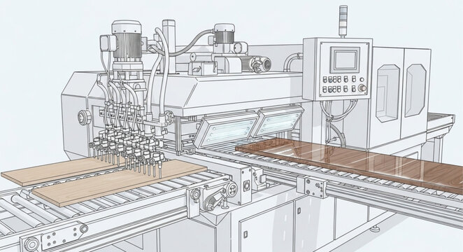 Industrial machine manufactures wood panel on production line in factory