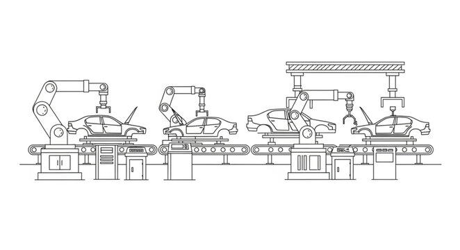 Robotic arms assemble cars on a production line in a factory setting with machines.