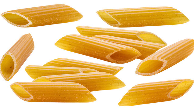 Penne pasta tubes with ridges, isolated on transparent background