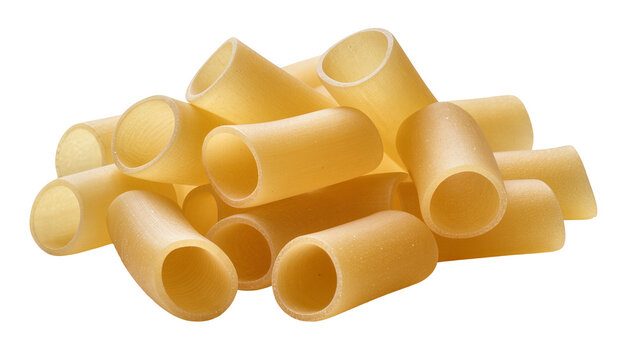 Pile of dry rigatoni pasta tubes, isolated on transparent background