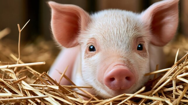 Piglet resting in straw on farm